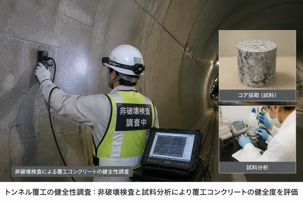 トンネル覆工を非破壊検査する作業員と採取したコア試料